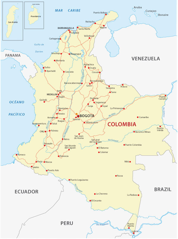 Colombia map with main routes and rivers Colombia map