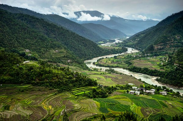 Bhutan mountain landscape with rice fields Bhutan mountain landscape with rice fields