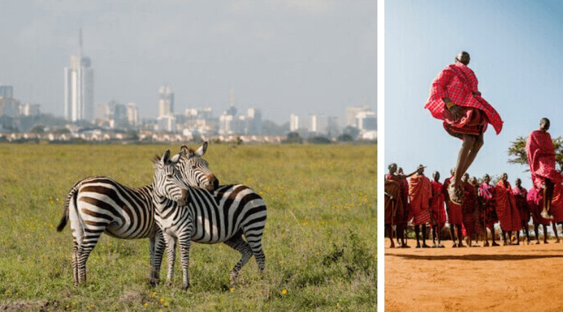 Zebra with Nairobi Skyline and Maasai people Facts about Kenya: Zebras in Nairobi National Park and Jumping Maasai (iSelena/shutterstock)